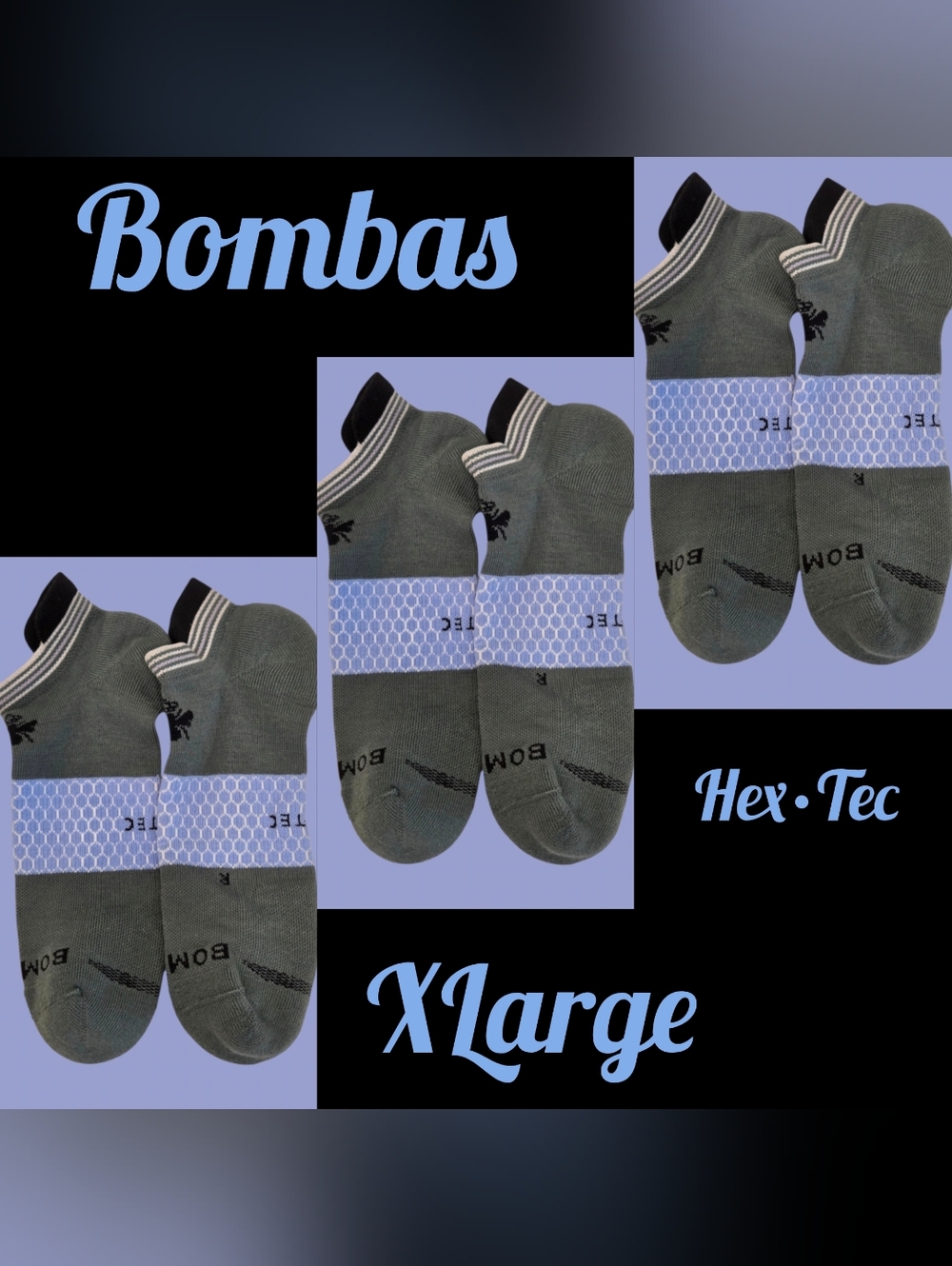 Bombas Ankle Socks 3 Pair BNWOT Mens Hex•Tec  XL Grayish Green/Blue